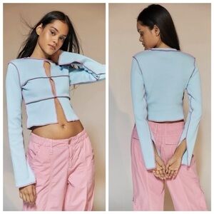 The Ragged Priest Cutout Blue Pink Long Sleeve Crew Neck Ribbed TopTee Shirt Y2K